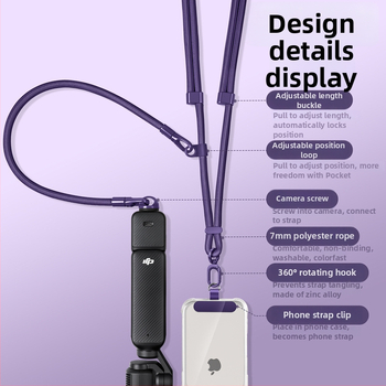 DJI Pocket 3 šnúra na krk — 3 v 1 popruh cez telo, unisex; materiály: nylon, polyestrové lano, kovová spona
