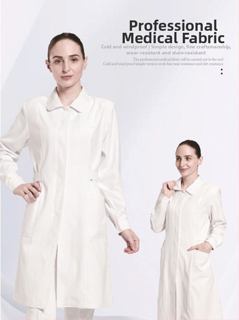 Dvojdielna súprava ošetrovatelky pre nemocnice s dlhými rukávmi; potlač loga a prispôsobenie; materiál polyester-bavlna s odvádzaním vlhkosti, okrúhly výstrih, stredná dĺžka; vhodné pre nemocnice, lekárne, kliniky, kozmetické salóny