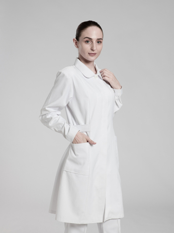 Uniformă de infirmieră spital: set din două piese cu mânecă lungă, imprimare a logo-ului și personalizare; material poliester-bumbac cu managementul umidității, guler rotund, lungime medie; pentru spitale, farmacii, clinici și saloane de înfrumusețare