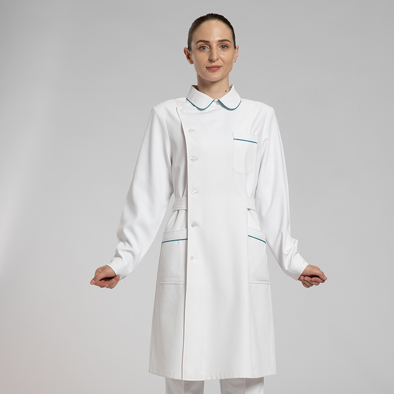 Uniformă de infirmieră spital: set din două piese cu mânecă lungă, imprimare a logo-ului și personalizare; material poliester-bumbac cu managementul umidității, guler rotund, lungime medie; pentru spitale, farmacii, clinici și saloane de înfrumusețare