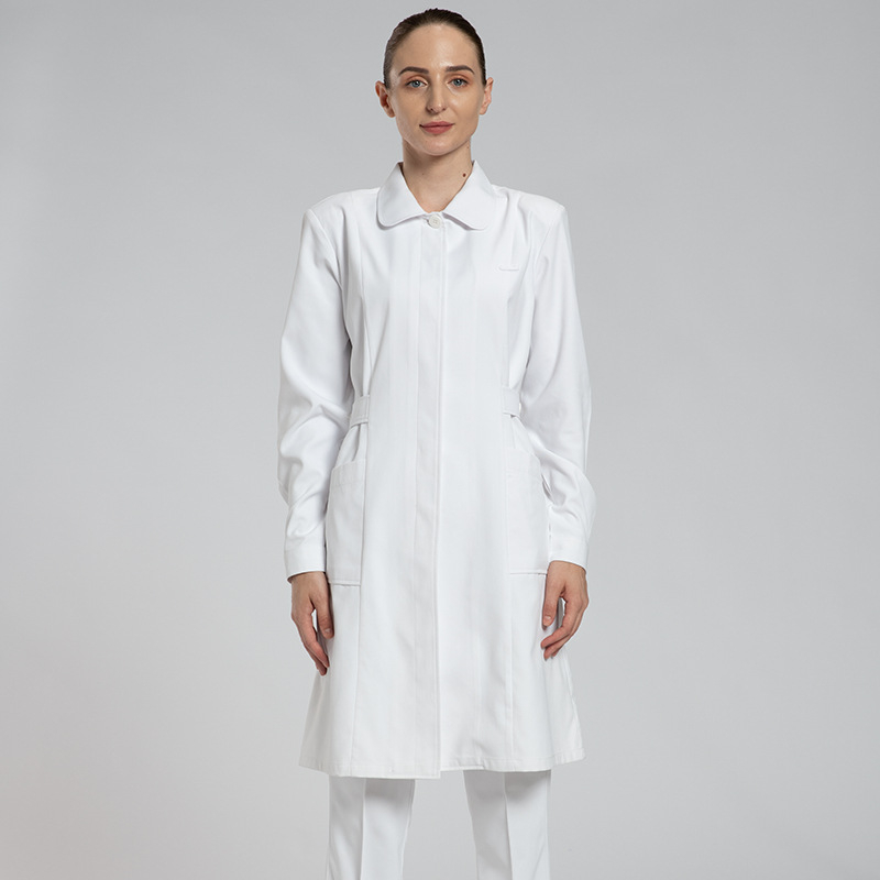 Uniformă de infirmieră spital: set din două piese cu mânecă lungă, imprimare a logo-ului și personalizare; material poliester-bumbac cu managementul umidității, guler rotund, lungime medie; pentru spitale, farmacii, clinici și saloane de înfrumusețare