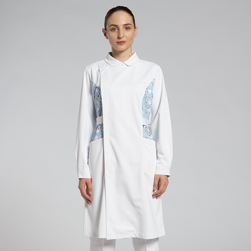 Uniformă de infirmieră spital: set din două piese cu mânecă lungă, imprimare a logo-ului și personalizare; material poliester-bumbac cu managementul umidității, guler rotund, lungime medie; pentru spitale, farmacii, clinici și saloane de înfrumusețare