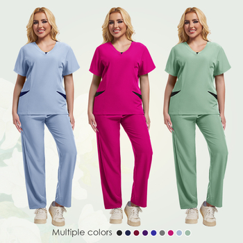 Unisex medicinski scrubs komplet s odvojivim gornjim i donjim dijelom, kratki rukavi, V-izrez, odvlaživanje vlage, poliestersko-spandeks smjesa