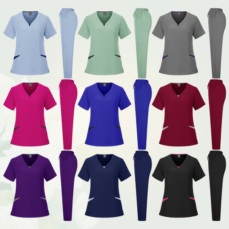 Unisex medicinski scrubs komplet s odvojivim gornjim i donjim dijelom, kratki rukavi, V-izrez, odvlaživanje vlage, poliestersko-spandeks smjesa