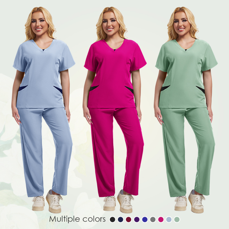 Unisex medicinski scrubs komplet s odvojivim gornjim i donjim dijelom, kratki rukavi, V-izrez, odvlaživanje vlage, poliestersko-spandeks smjesa