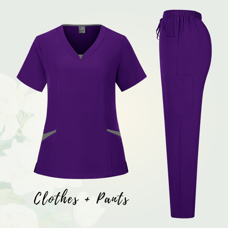 Unisex medicinski scrubs komplet s odvojivim gornjim i donjim dijelom, kratki rukavi, V-izrez, odvlaživanje vlage, poliestersko-spandeks smjesa