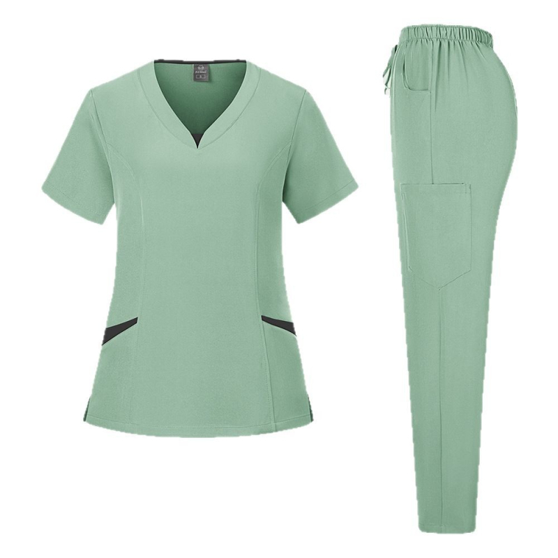 Unisex medicinski scrubs komplet s odvojivim gornjim i donjim dijelom, kratki rukavi, V-izrez, odvlaživanje vlage, poliestersko-spandeks smjesa