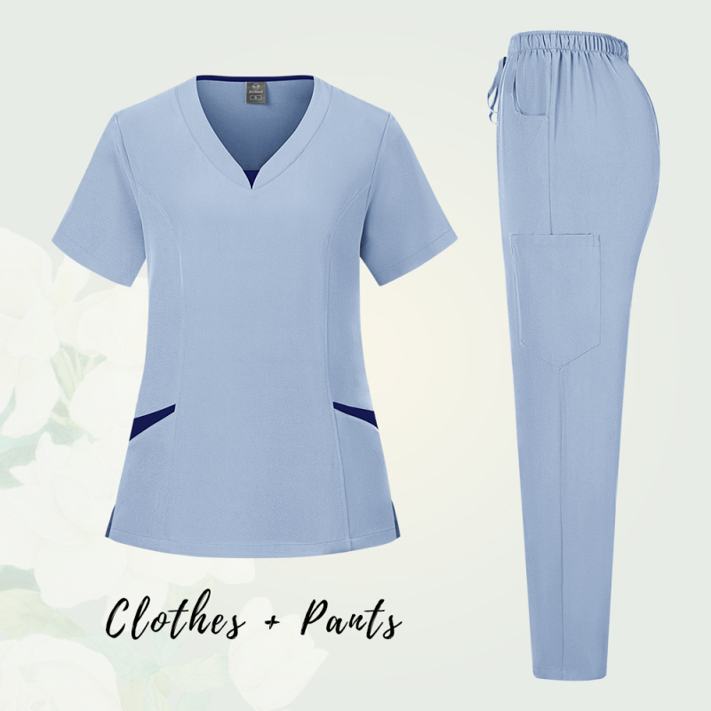 Unisex medicinski scrubs komplet s odvojivim gornjim i donjim dijelom, kratki rukavi, V-izrez, odvlaživanje vlage, poliestersko-spandeks smjesa