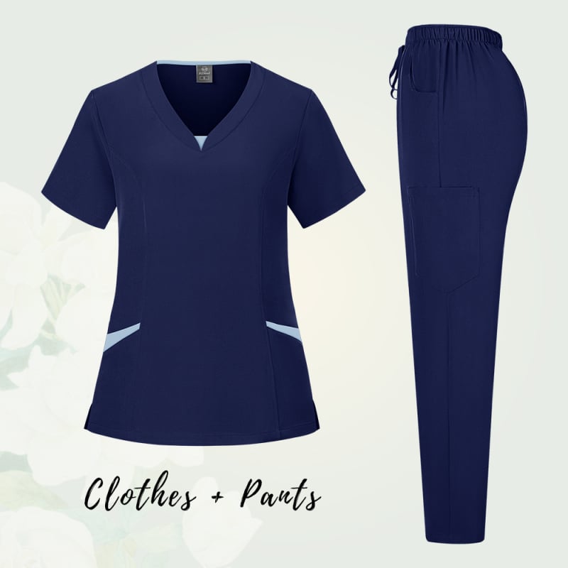 Unisex medicinski scrubs komplet s odvojivim gornjim i donjim dijelom, kratki rukavi, V-izrez, odvlaživanje vlage, poliestersko-spandeks smjesa