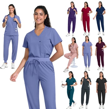 viaoli Медицински униформен комплект за женски персонал, влагоотводаща полиестер-еластанова смес, къси ръкави, V-образно деколте, средно дълга горна част и панталони, с бродирани надписи