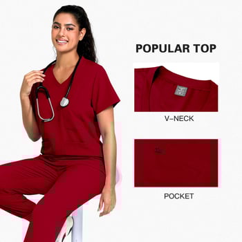 viaoli Медицински униформен комплект за женски персонал, влагоотводаща полиестер-еластанова смес, къси ръкави, V-образно деколте, средно дълга горна част и панталони, с бродирани надписи