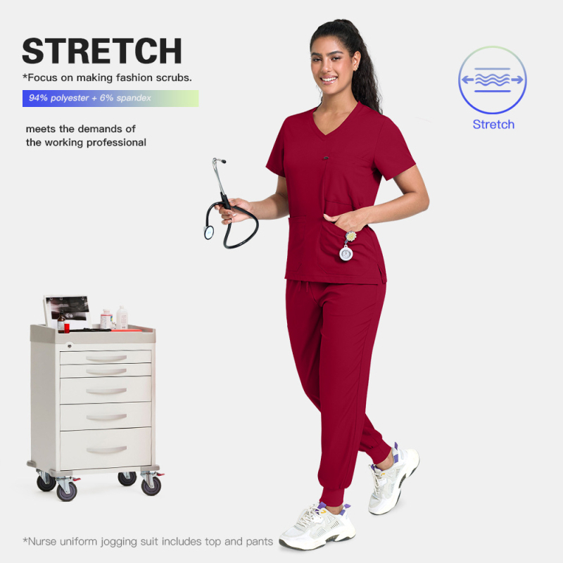 viaoli Медицински униформен комплект за женски персонал, влагоотводаща полиестер-еластанова смес, къси ръкави, V-образно деколте, средно дълга горна част и панталони, с бродирани надписи