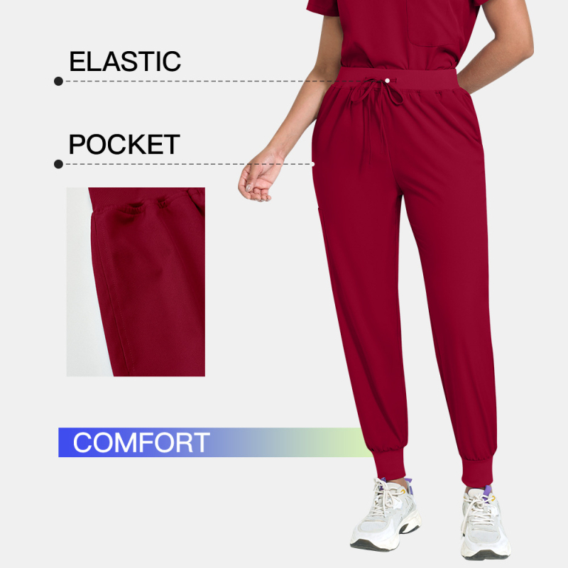 viaoli Медицински униформен комплект за женски персонал, влагоотводаща полиестер-еластанова смес, къси ръкави, V-образно деколте, средно дълга горна част и панталони, с бродирани надписи