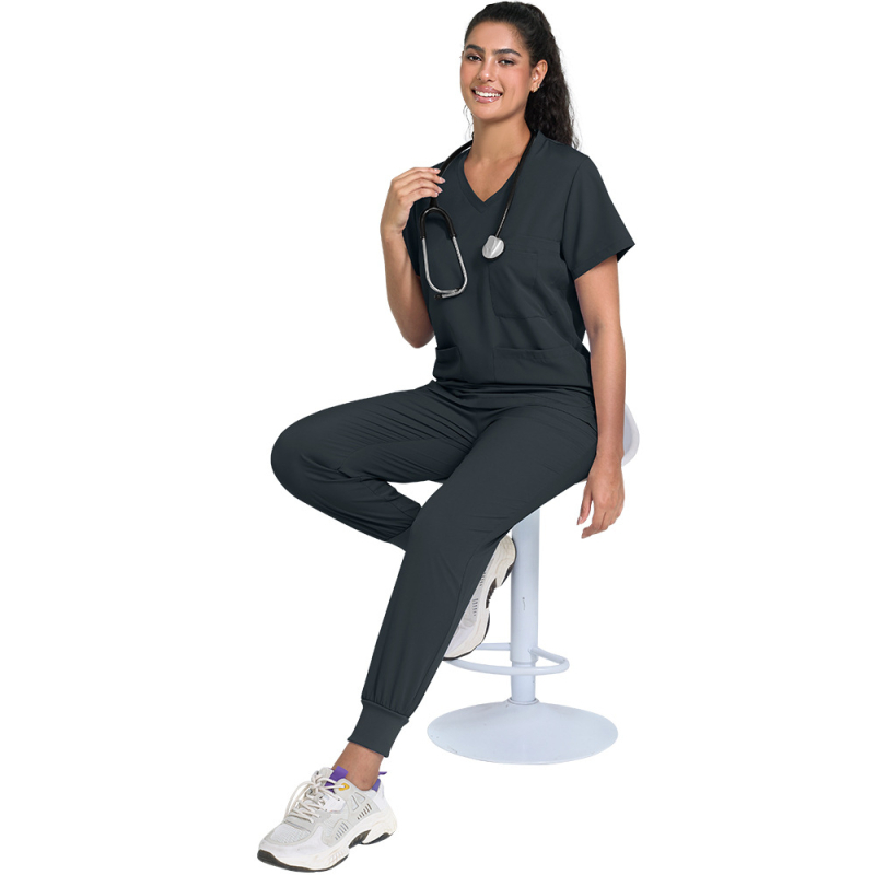 viaoli Медицински униформен комплект за женски персонал, влагоотводаща полиестер-еластанова смес, къси ръкави, V-образно деколте, средно дълга горна част и панталони, с бродирани надписи