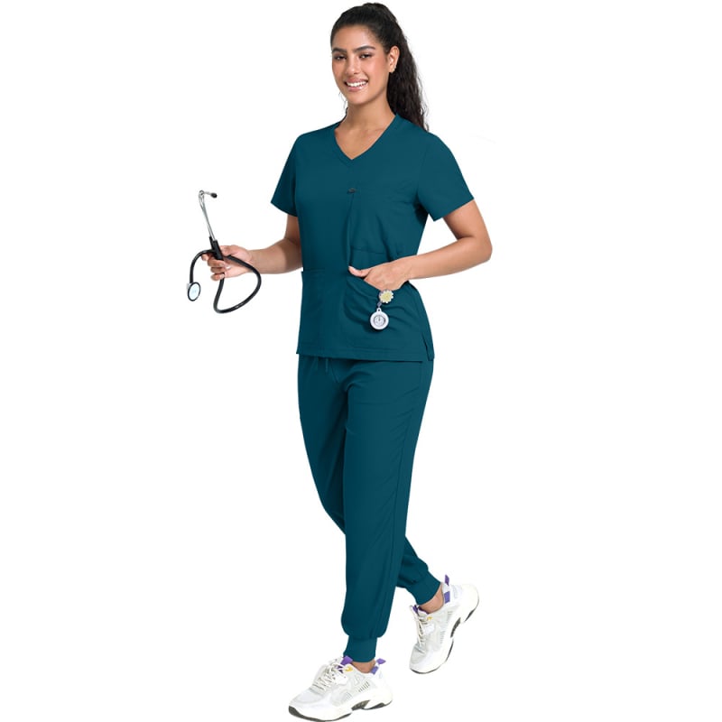 viaoli Медицински униформен комплект за женски персонал, влагоотводаща полиестер-еластанова смес, къси ръкави, V-образно деколте, средно дълга горна част и панталони, с бродирани надписи