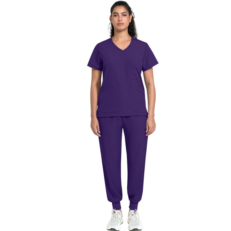 viaoli Медицински униформен комплект за женски персонал, влагоотводаща полиестер-еластанова смес, къси ръкави, V-образно деколте, средно дълга горна част и панталони, с бродирани надписи
