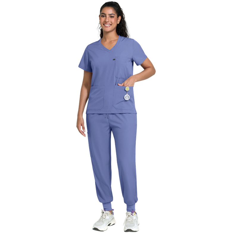 viaoli Медицински униформен комплект за женски персонал, влагоотводаща полиестер-еластанова смес, къси ръкави, V-образно деколте, средно дълга горна част и панталони, с бродирани надписи
