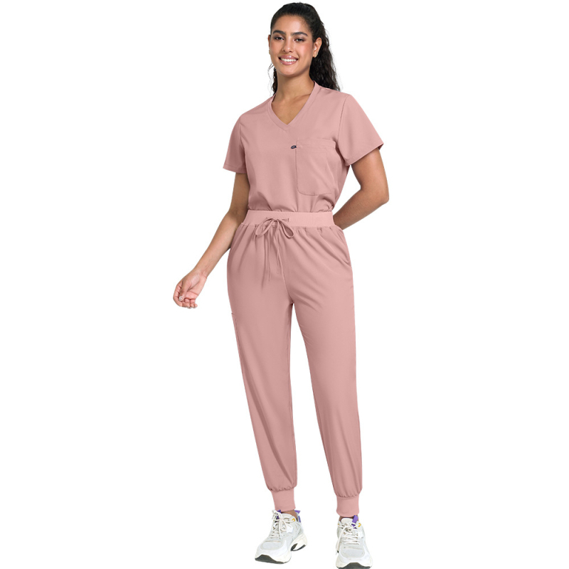 viaoli Медицински униформен комплект за женски персонал, влагоотводаща полиестер-еластанова смес, къси ръкави, V-образно деколте, средно дълга горна част и панталони, с бродирани надписи