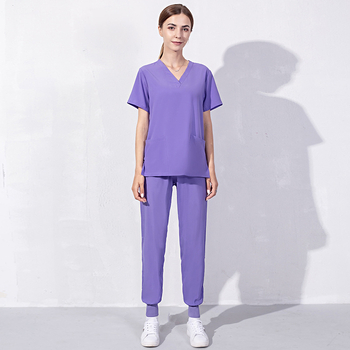 Set uniform medical pentru doctor/asistentă – Bluza cu decolteu în V și pantaloni, unisex, poliester/spandex evacuează umezeala