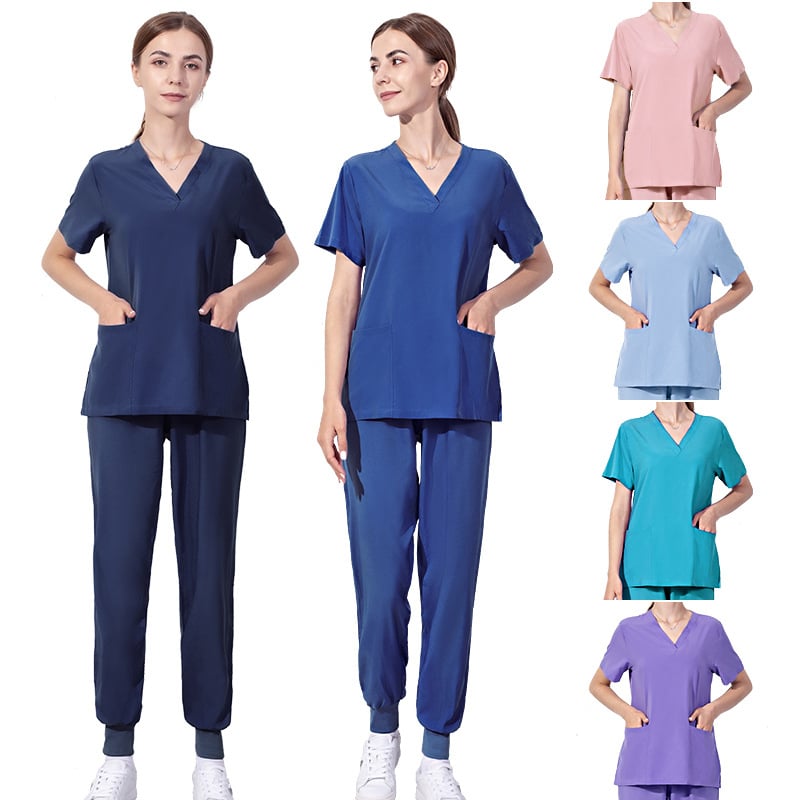 Set uniform medical pentru doctor/asistentă – Bluza cu decolteu în V și pantaloni, unisex, poliester/spandex evacuează umezeala