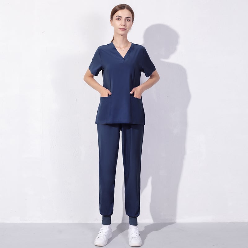 Set uniform medical pentru doctor/asistentă – Bluza cu decolteu în V și pantaloni, unisex, poliester/spandex evacuează umezeala
