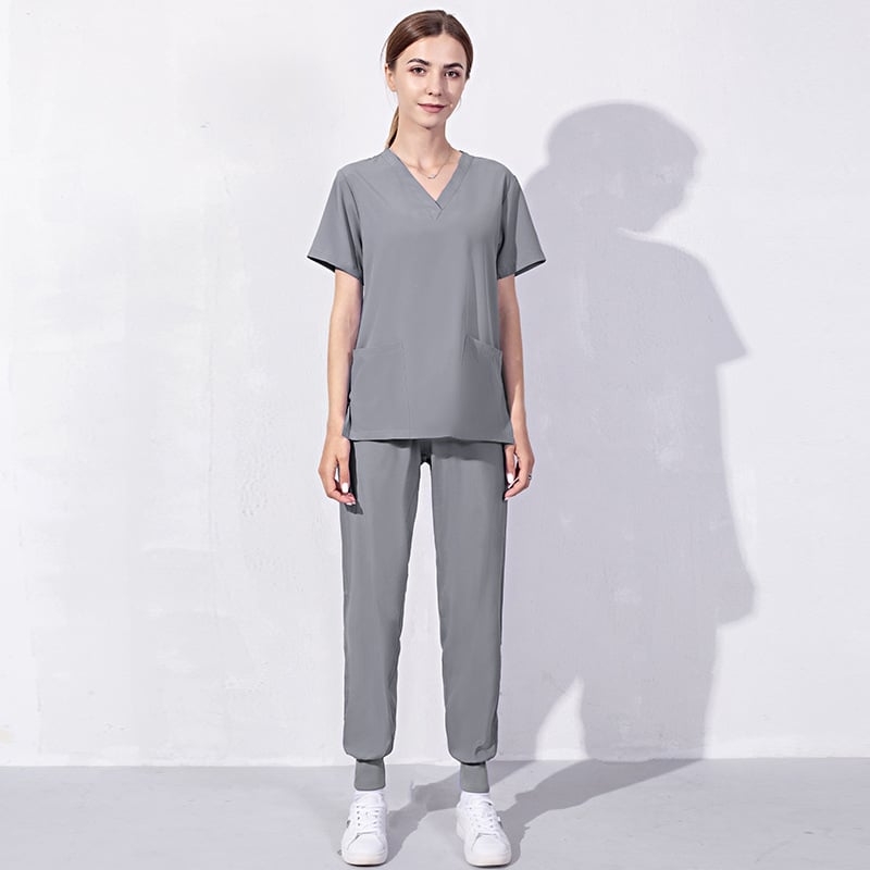 Set uniform medical pentru doctor/asistentă – Bluza cu decolteu în V și pantaloni, unisex, poliester/spandex evacuează umezeala