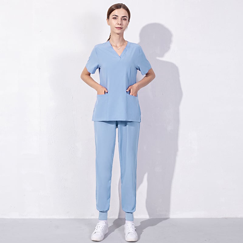 Set uniform medical pentru doctor/asistentă – Bluza cu decolteu în V și pantaloni, unisex, poliester/spandex evacuează umezeala