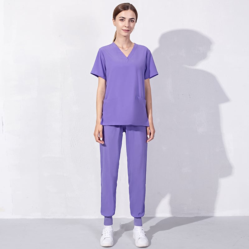 Set uniform medical pentru doctor/asistentă – Bluza cu decolteu în V și pantaloni, unisex, poliester/spandex evacuează umezeala