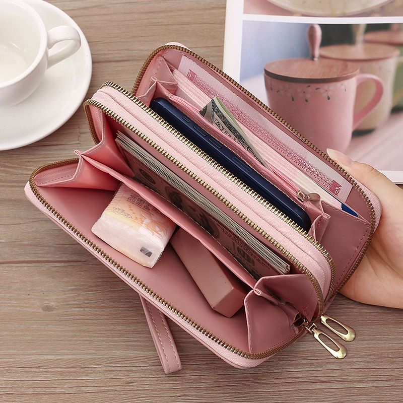 Portofel de damă lung cu fermoar dublu, din piele artificială, formă orizontală, model geometric, căptușeală PU