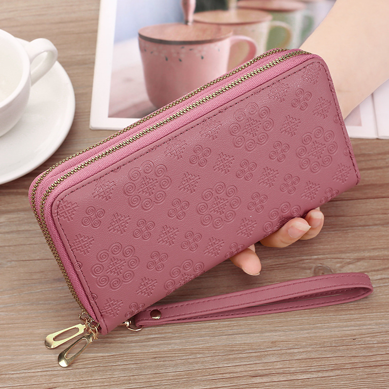 Portofel de damă lung cu fermoar dublu, din piele artificială, formă orizontală, model geometric, căptușeală PU