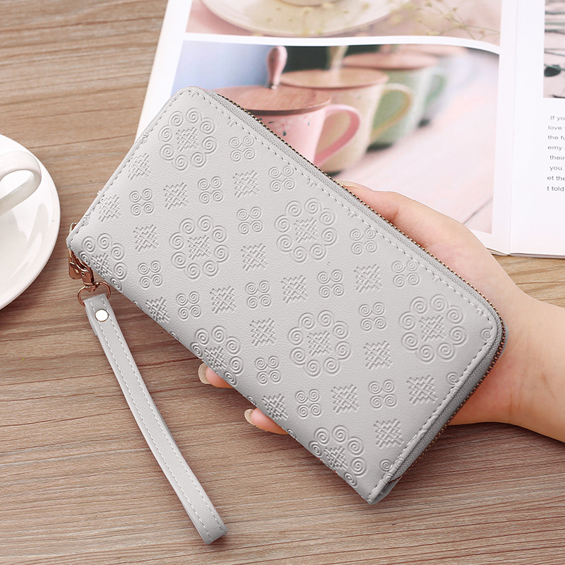 Portofel de damă lung cu fermoar dublu, din piele artificială, formă orizontală, model geometric, căptușeală PU