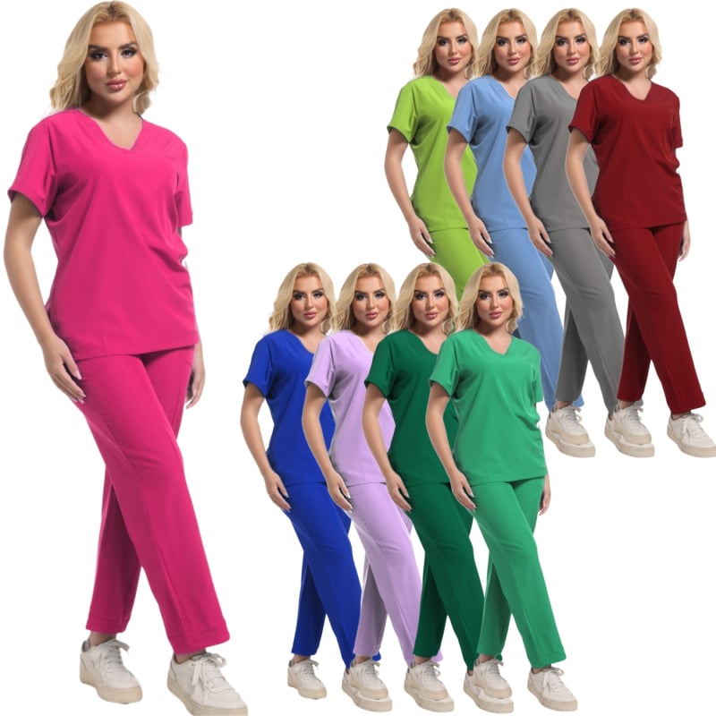 Set de scrubs medicale unisex, top cu decolteu în V și pantaloni, țesătură poliester-elastan care evacuează umezeala