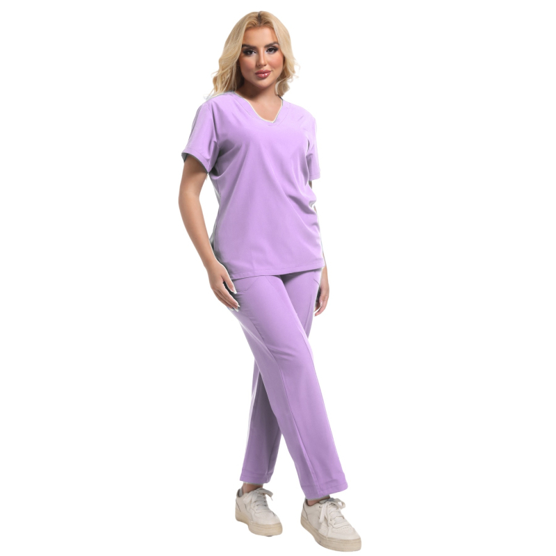 Set de scrubs medicale unisex, top cu decolteu în V și pantaloni, țesătură poliester-elastan care evacuează umezeala