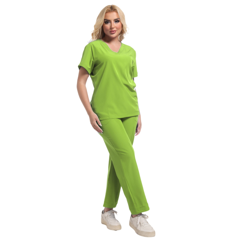 Set de scrubs medicale unisex, top cu decolteu în V și pantaloni, țesătură poliester-elastan care evacuează umezeala