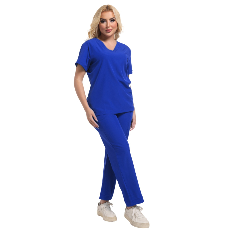 Set de scrubs medicale unisex, top cu decolteu în V și pantaloni, țesătură poliester-elastan care evacuează umezeala