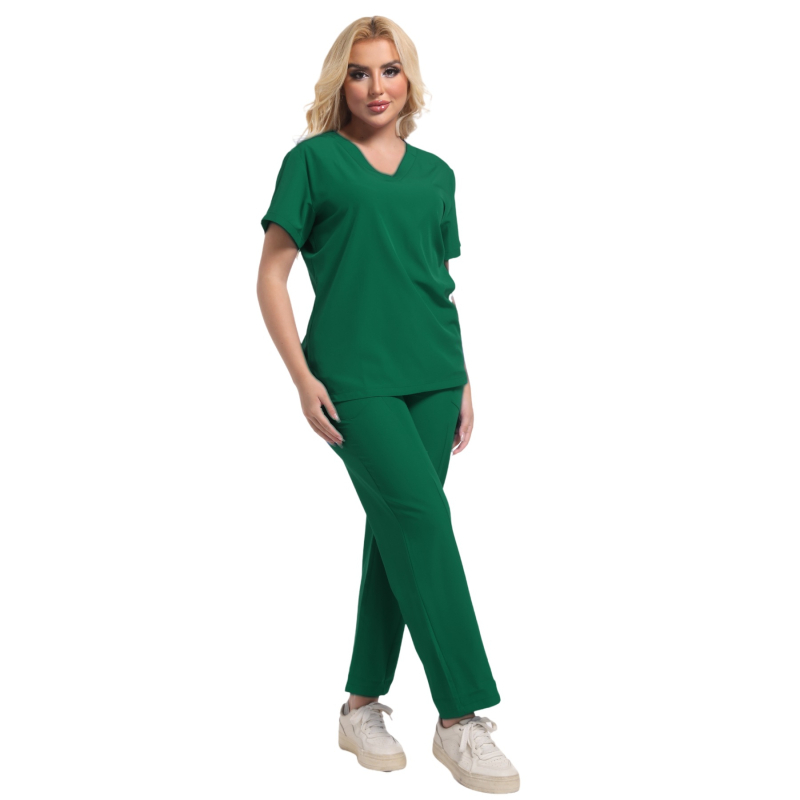 Set de scrubs medicale unisex, top cu decolteu în V și pantaloni, țesătură poliester-elastan care evacuează umezeala