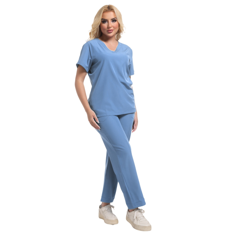 Set de scrubs medicale unisex, top cu decolteu în V și pantaloni, țesătură poliester-elastan care evacuează umezeala