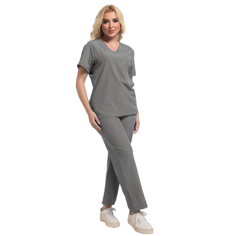 Set de scrubs medicale unisex, top cu decolteu în V și pantaloni, țesătură poliester-elastan care evacuează umezeala