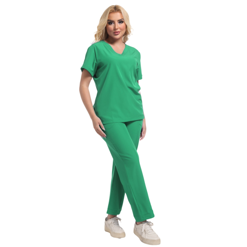 Set de scrubs medicale unisex, top cu decolteu în V și pantaloni, țesătură poliester-elastan care evacuează umezeala