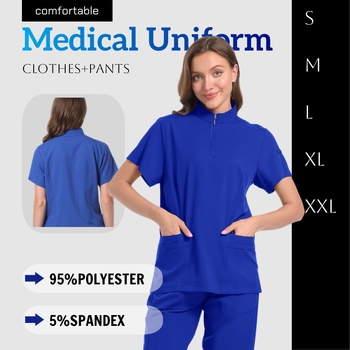 Chirurgický dentálny scrub set so split dizajnom hornej a dolnej časti, krátke rukávy, vlhkosť odvádzajúca zmes polyester-spandex, unisex lekárske oblečenie
