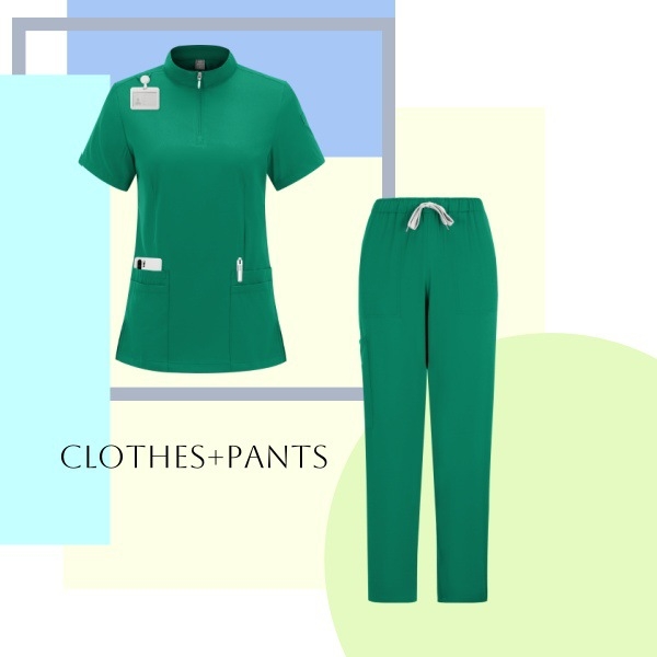 Chirurgický dentálny scrub set so split dizajnom hornej a dolnej časti, krátke rukávy, vlhkosť odvádzajúca zmes polyester-spandex, unisex lekárske oblečenie