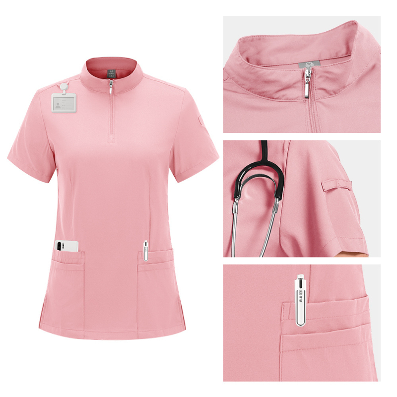Chirurgický dentálny scrub set so split dizajnom hornej a dolnej časti, krátke rukávy, vlhkosť odvádzajúca zmes polyester-spandex, unisex lekárske oblečenie