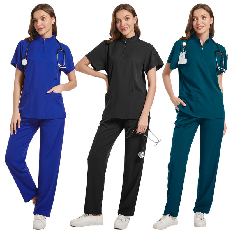 Chirurgický dentálny scrub set so split dizajnom hornej a dolnej časti, krátke rukávy, vlhkosť odvádzajúca zmes polyester-spandex, unisex lekárske oblečenie