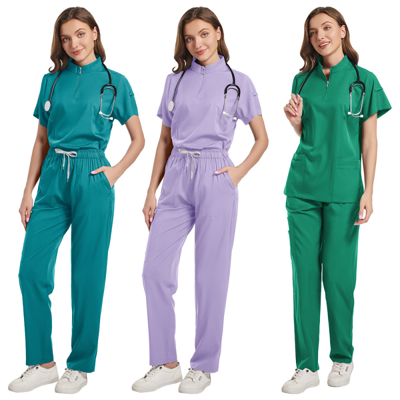 Chirurgický dentálny scrub set so split dizajnom hornej a dolnej časti, krátke rukávy, vlhkosť odvádzajúca zmes polyester-spandex, unisex lekárske oblečenie