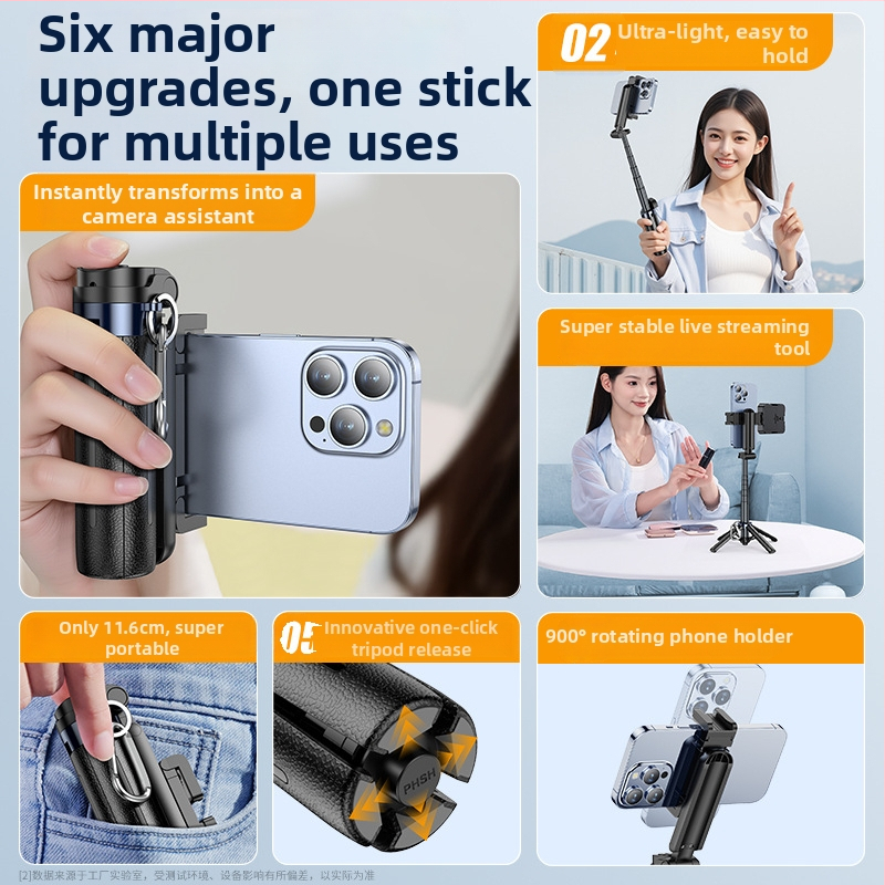 Mini Bluetooth magnētiskais selfie sticks ar četru kāju tripodu; materiāls: alumīnija sakausējums + ABS; pults iekļauts; apgaismojums fotografēšanai; Bluetooth ieslēgts