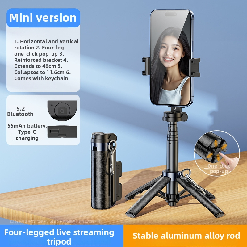Mini Bluetooth magnētiskais selfie sticks ar četru kāju tripodu; materiāls: alumīnija sakausējums + ABS; pults iekļauts; apgaismojums fotografēšanai; Bluetooth ieslēgts