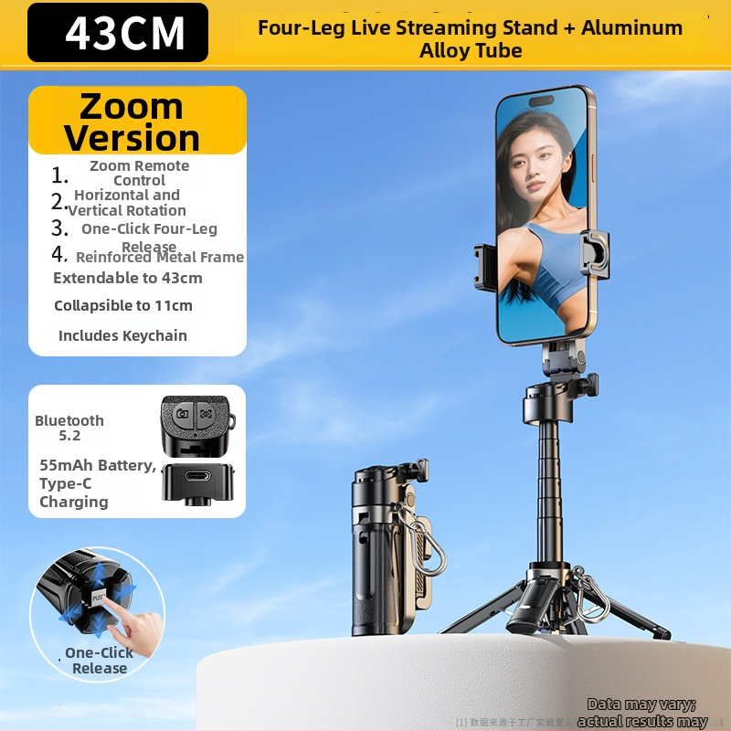 Mini Bluetooth magnētiskais selfie sticks ar četru kāju tripodu; materiāls: alumīnija sakausējums + ABS; pults iekļauts; apgaismojums fotografēšanai; Bluetooth ieslēgts