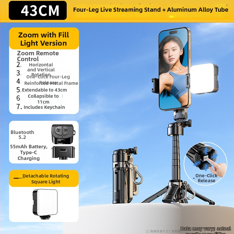 Mini Bluetooth magnētiskais selfie sticks ar četru kāju tripodu; materiāls: alumīnija sakausējums + ABS; pults iekļauts; apgaismojums fotografēšanai; Bluetooth ieslēgts