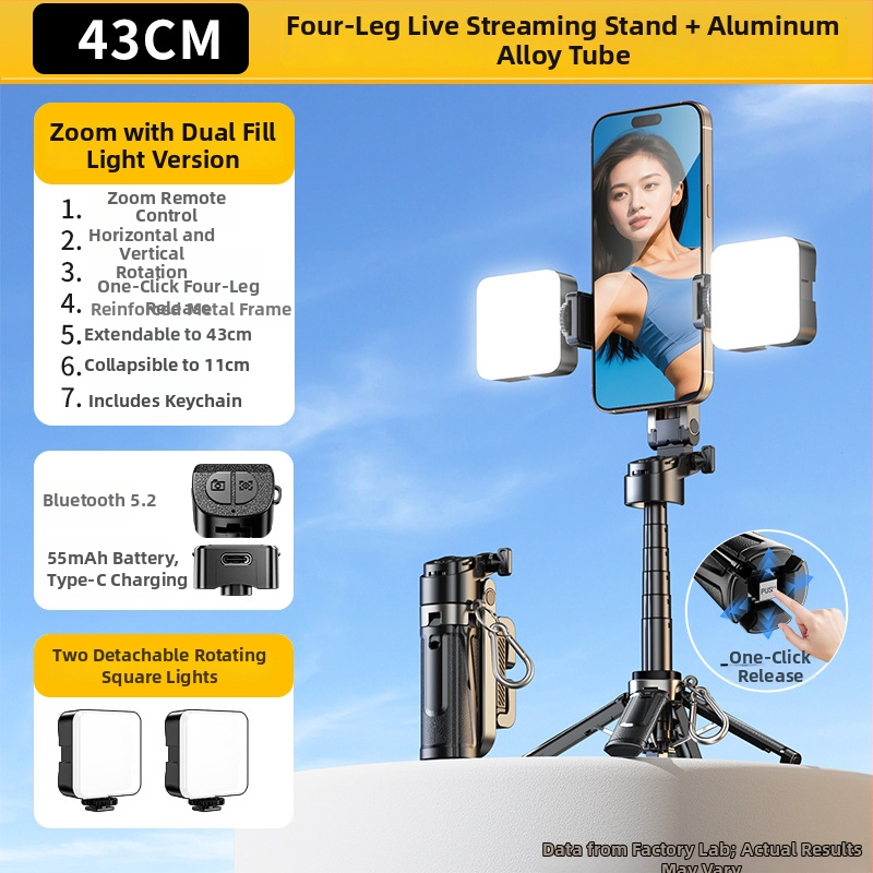 Mini Bluetooth magnētiskais selfie sticks ar četru kāju tripodu; materiāls: alumīnija sakausējums + ABS; pults iekļauts; apgaismojums fotografēšanai; Bluetooth ieslēgts