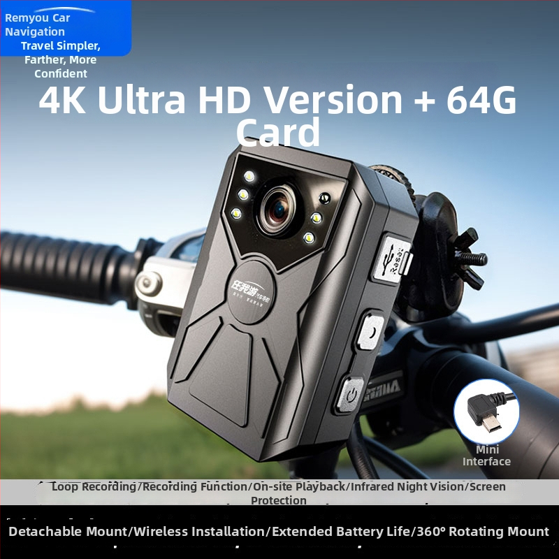 Cameră de bord pentru motocicletă, 4K+, unghi de vizualizare 170°, Wi‑Fi, card SD de 256 GB, suport ghidon